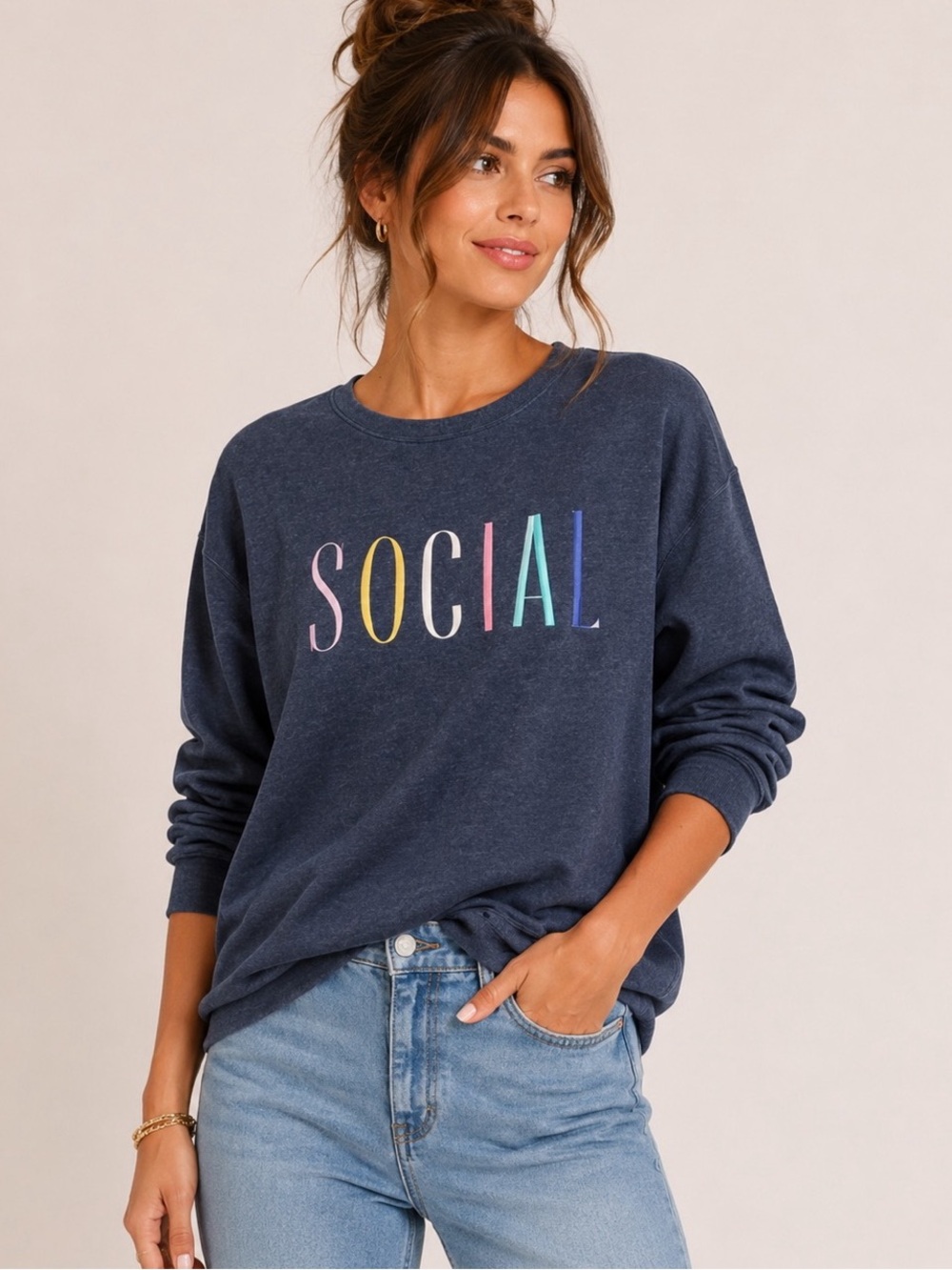 Wildfox Social Blue Crew Neck Sweatshirt w Embroidered Rainbow Print Size S
